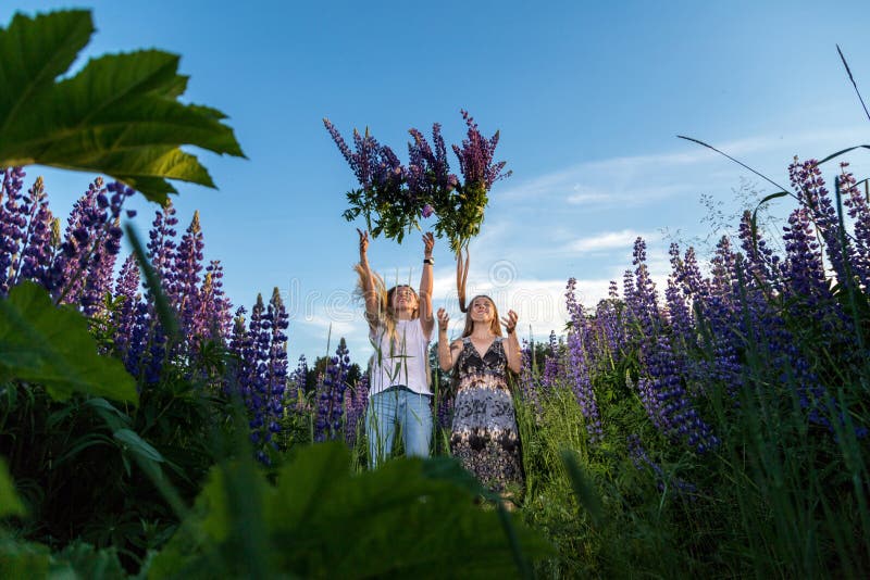 Twee vrouwelijke vrienden op een gebied van purpere lupines stock foto Twee vrouwelijke vrienden op een gebied van purpere lupines stock foto