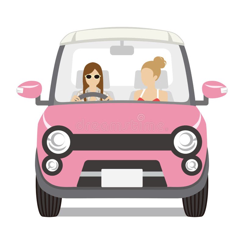 Twee vrouwen die de roze auto, Geïsoleerd vooraanzicht berijden - royalty-vrije illustratie Twee vrouwen die de roze auto, Geïsoleerd vooraanzicht berijden - royalty-vrije illustratie