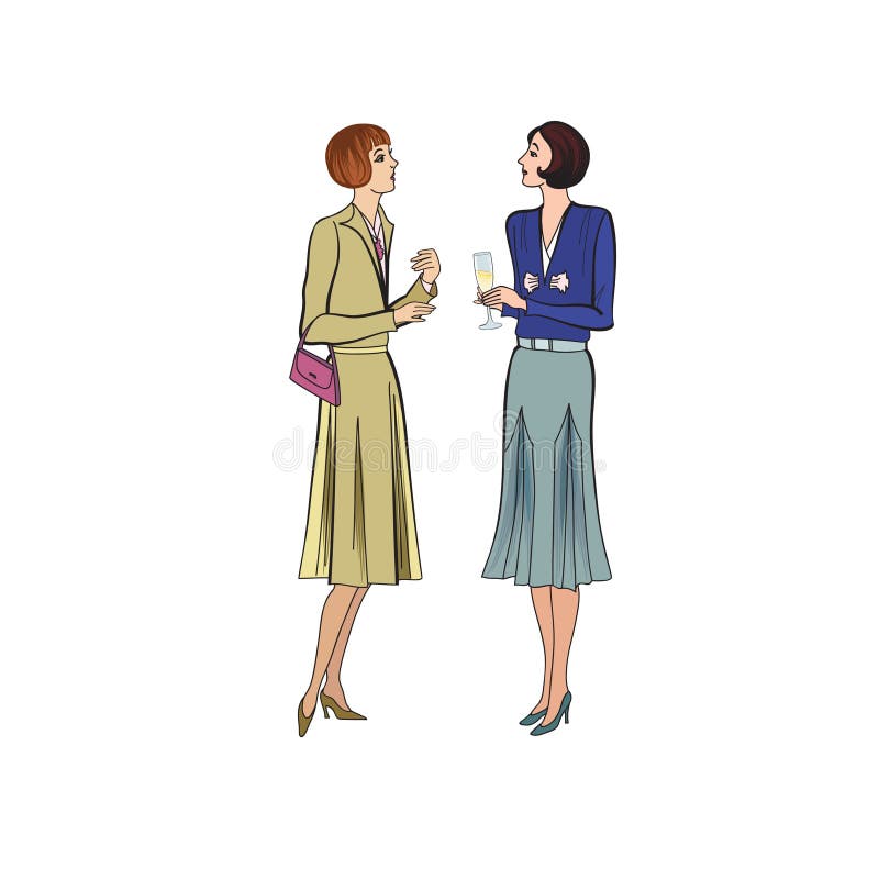 Twee vrouwengesprek op partij Retro kleding in uitstekende stijl 19 stock illustratie Twee vrouwengesprek op partij Retro kleding in uitstekende stijl 19 stock illustratie
