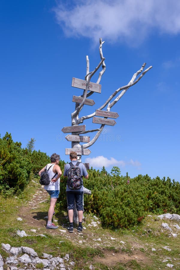 Twee wandelaars voor houten voorzien op boomboomstam van wegwijzers in de Alpen stock foto Twee wandelaars voor houten voorzien op boomboomstam van wegwijzers in de Alpen stock foto