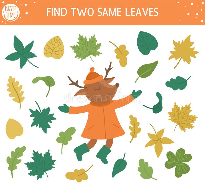 Twee zelfde bladeren vinden. najaarsmatching voor kinderen. grappig educatief valseizoen logisch quizwerkblad voor kinderen. eenvo