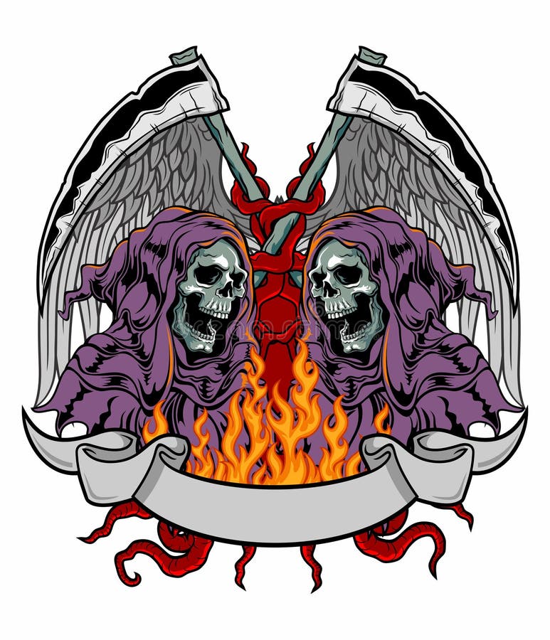 Vector illustration of grim reaper with scythe and flame, decorated with wings and ribbon. Vector illustration of grim reaper with scythe and flame, decorated with wings and ribbon