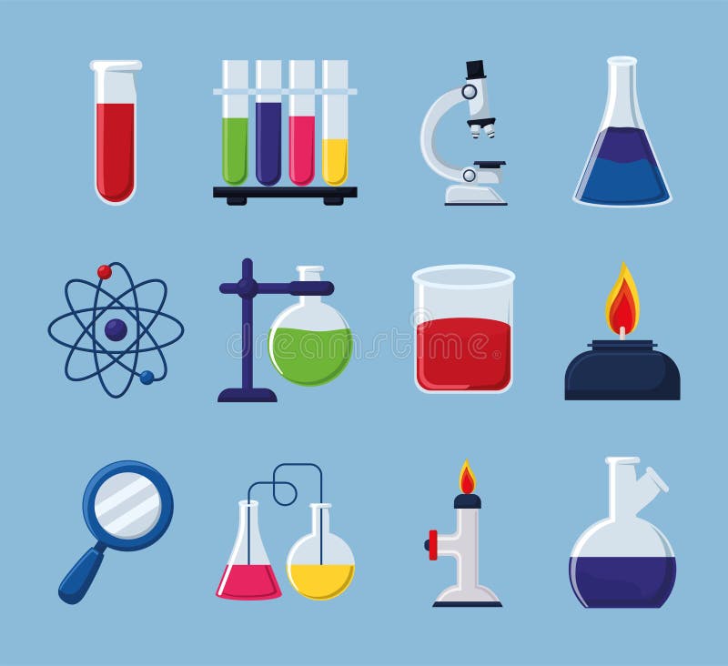 Twelve chemistry lab items stock vector. Illustration of lighter