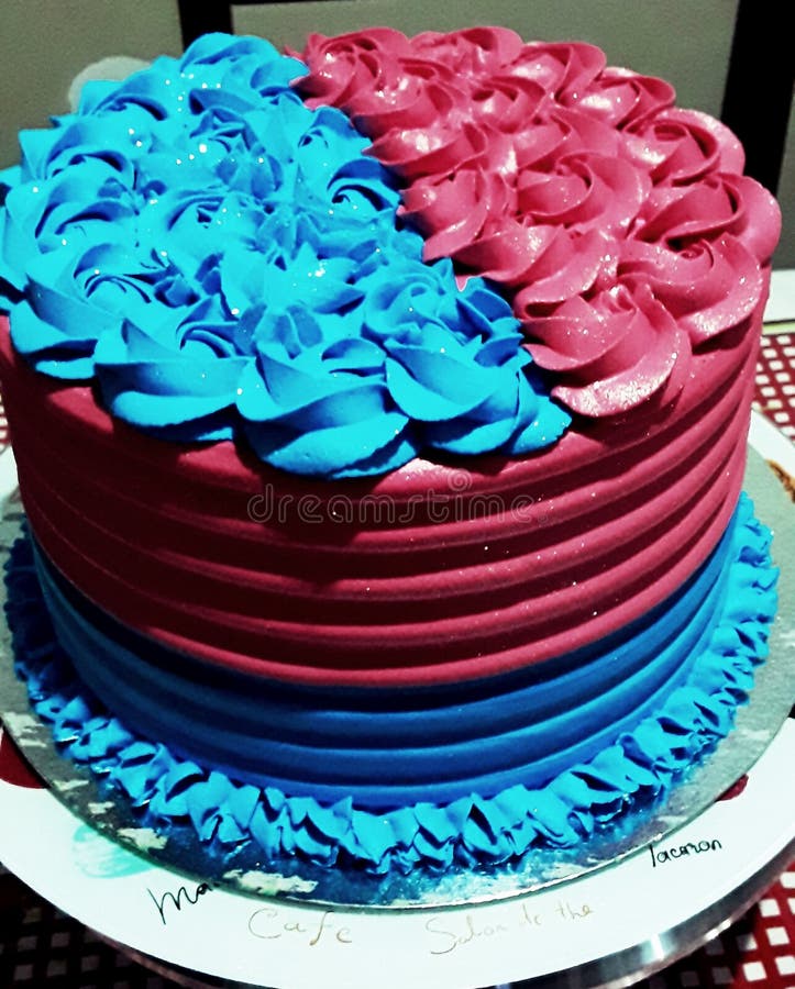 Two friends` birthdays cake. Twenty-centimeter-by-twenty-inch cake with pink and blue icing for two friends` birthdays royalty free stock photos Two friends` birthdays cake. Twenty-centimeter-by-twenty-inch cake with pink and blue icing for two friends` birthdays royalty free stock photos