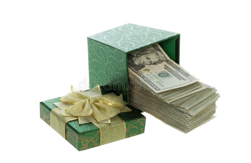 Twenty Dollar Bills Coming out of a Green Gift Box