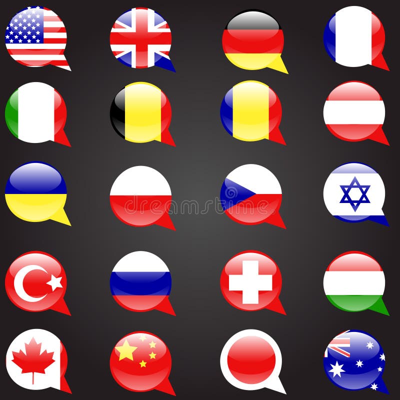 Twenty flags set languages speech bubble flag stock illustration