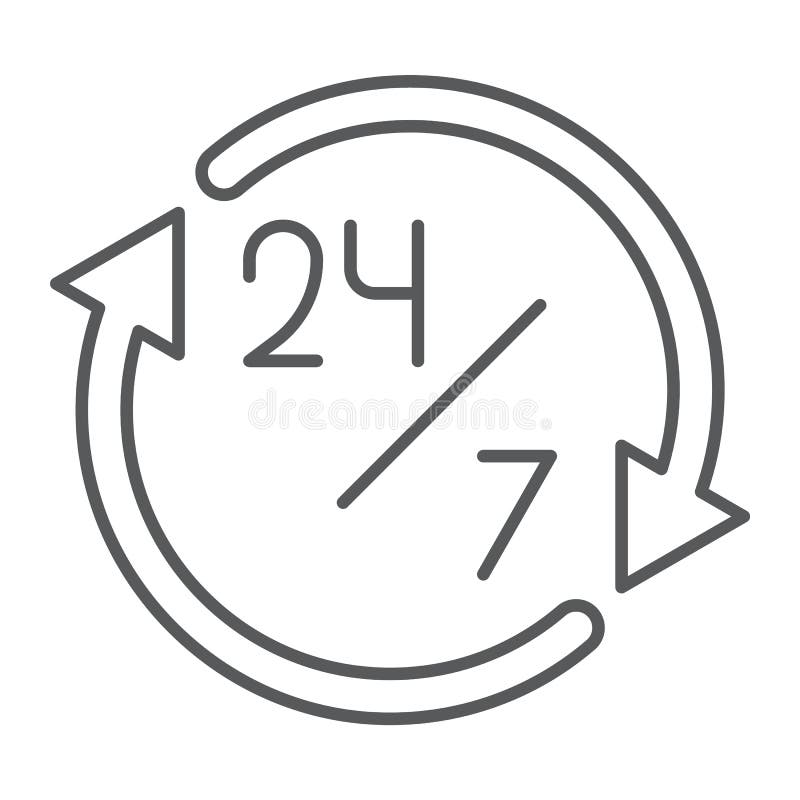 24 Hours Line Icon, Service and Time, Open All Day Sign, Vector