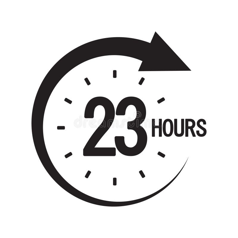 Twenty three hours. Black circular arrow. Timer countdown icon. Vector clock design. stock illustration