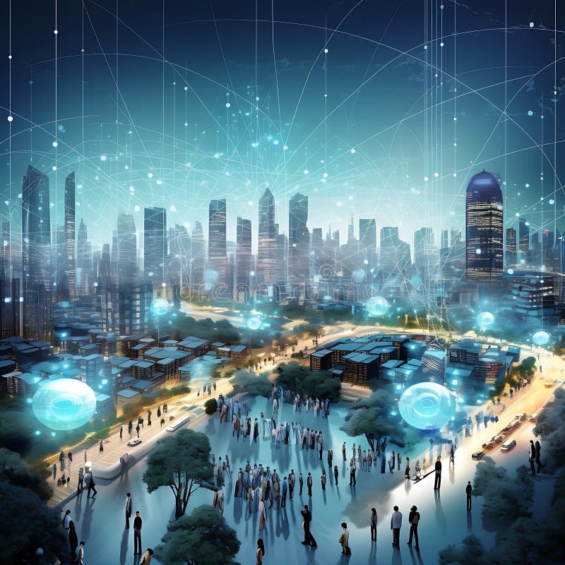 Twilight Over a City Park Enhanced with a Digital Network Interface ...