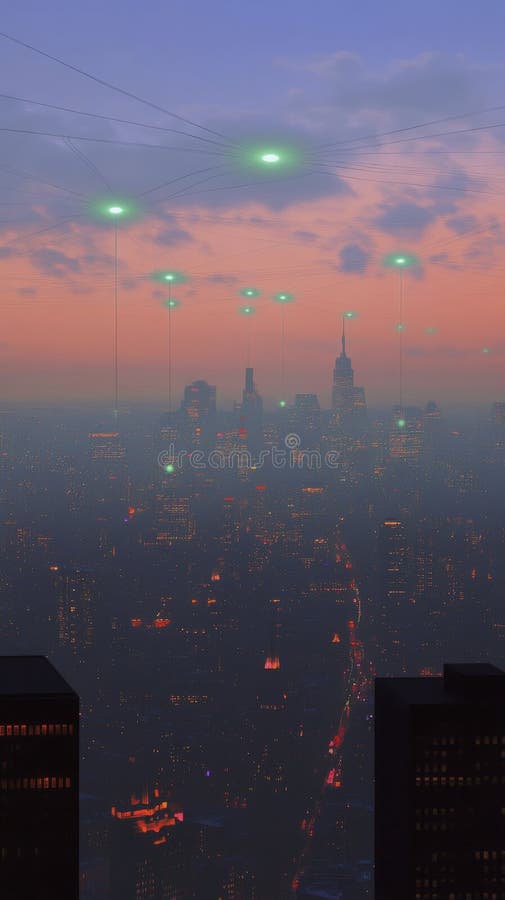 Twilight skyline with dotted green network overhead vector illustration