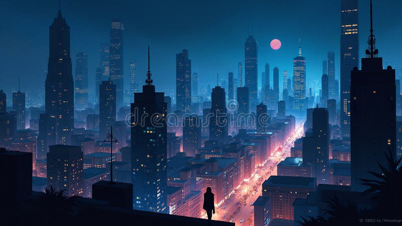Twilight Tales : Den fängslande nattliga Cityscape stock illustrationer