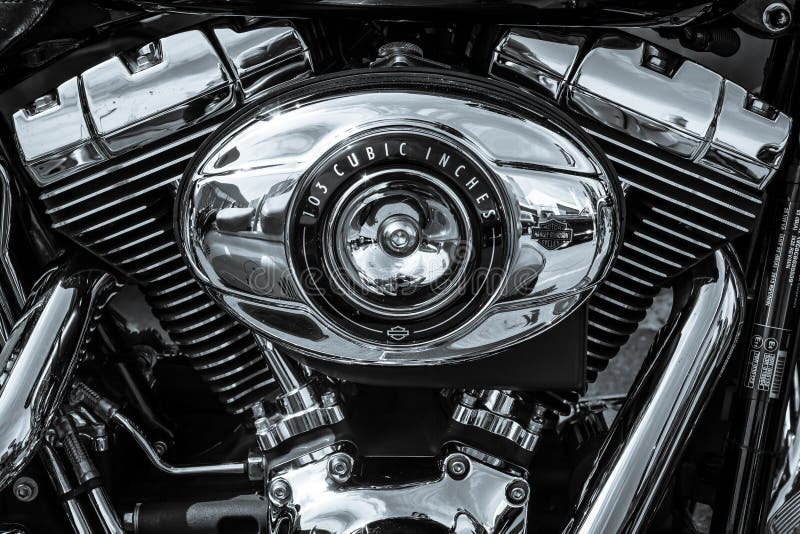 BERLIN, GERMANY - MAY 17, 2014: Twin Cam 103 engine closeup of motorcycle Harley Davidson Softail. Black and white. 27th Oldtimer Day Berlin - Brandenburg