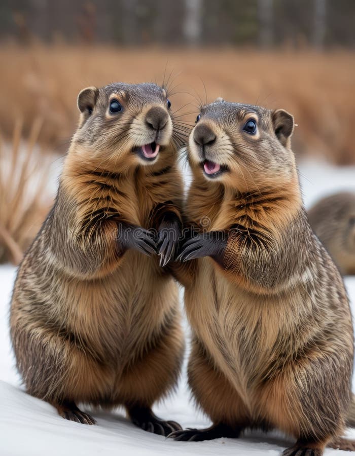Two gophers stand side by side on a snowy field, appearing to hold hands, with curious expressions and a blurred background enhancing their focus. AI generated. Two gophers stand side by side on a snowy field, appearing to hold hands, with curious expressions and a blurred background enhancing their focus. AI generated
