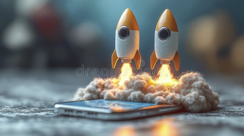 Twin Rockets Smartphone dans un paysage de rêve. Deux fusées se lancent simultanément à partir d'un smartphone englouti dans des nuages symbolisant le travail d'équipe dualité et la fusion de la technologie avec la créativité et les rêves humains