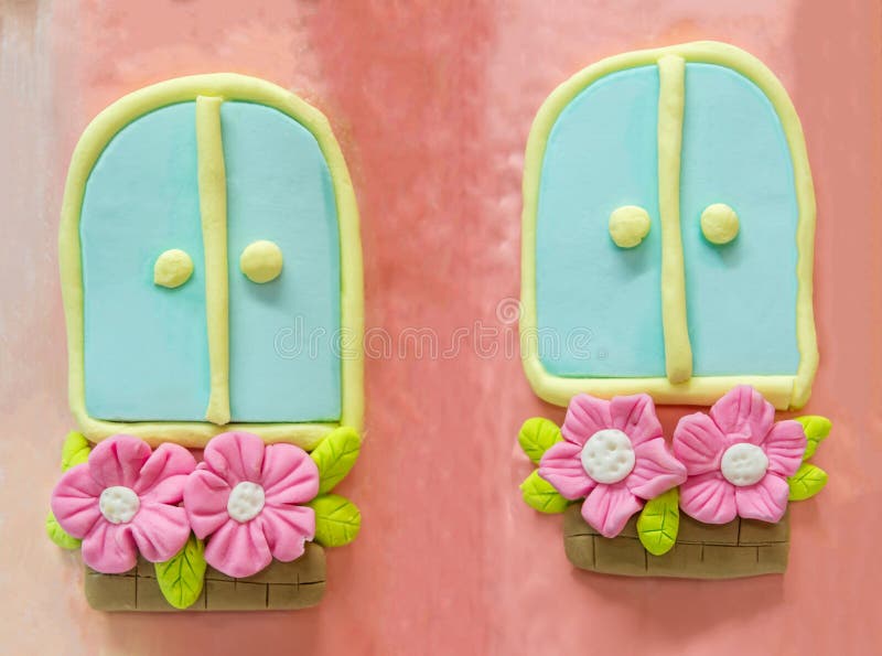 Twin Sugar Windows with Pink Blossom in Pots Stock Photo Image of