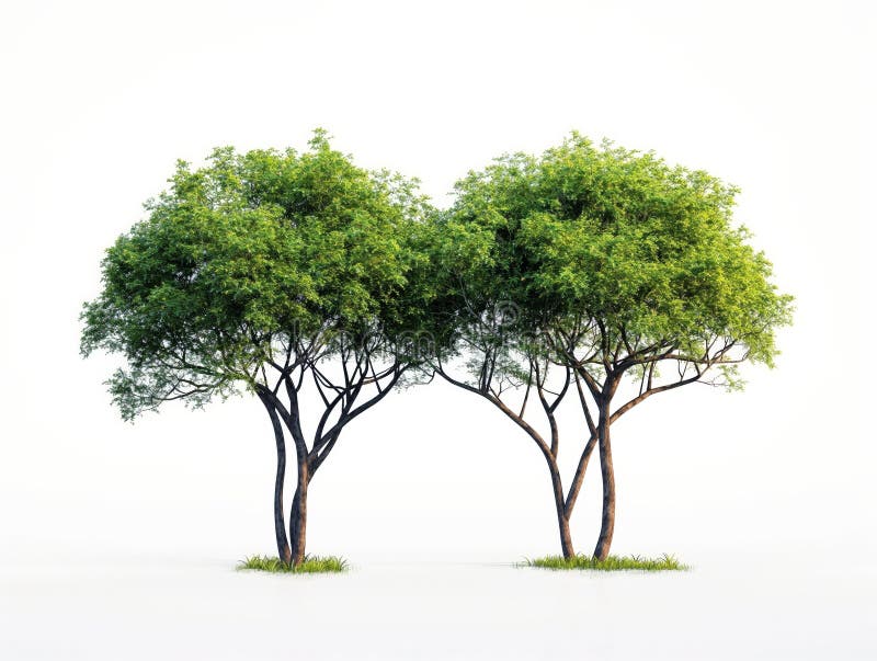 Two lush green trees with intertwined trunks isolated on a white background, symbolizing unity and growth AI generated. Two lush green trees with intertwined trunks isolated on a white background, symbolizing unity and growth AI generated