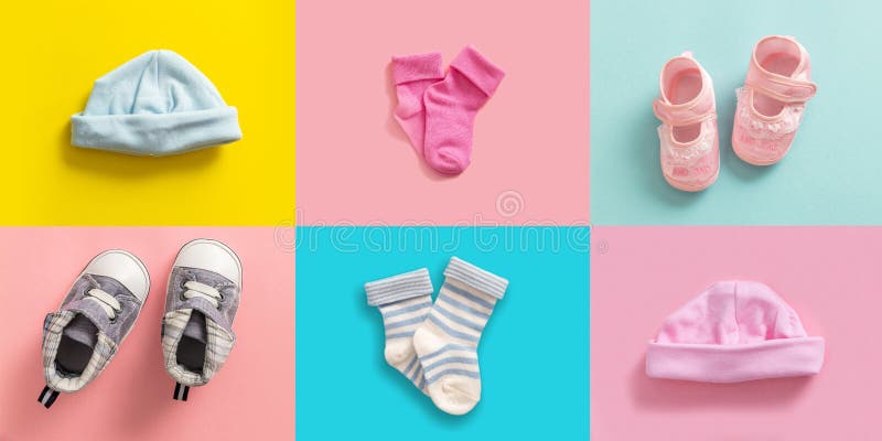 Baby boy and girl shoes and socks collage, pastel colored background