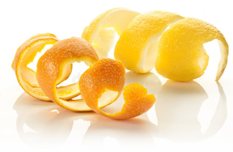 Twist of citrus peel on a white background.