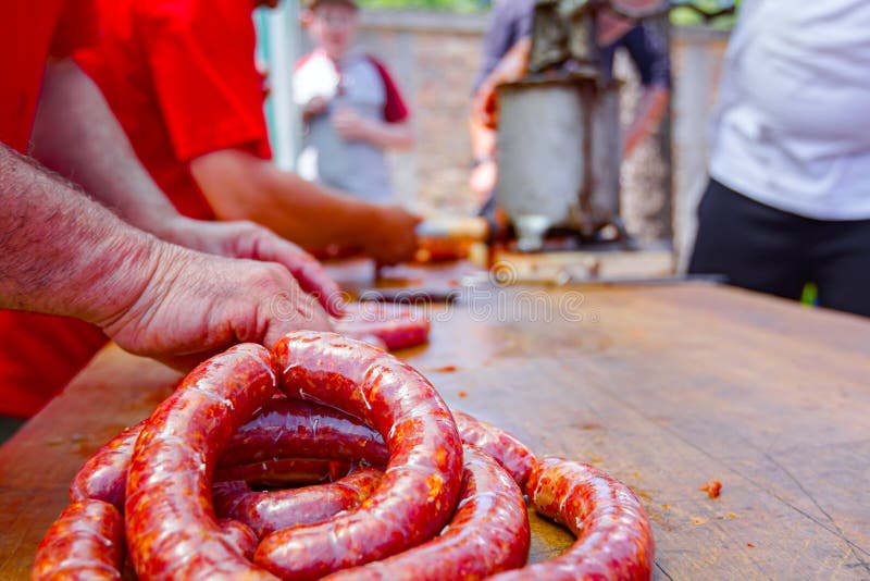 Twist Pig Intestines with Minced Meat To Make Handmade Sausages Stock