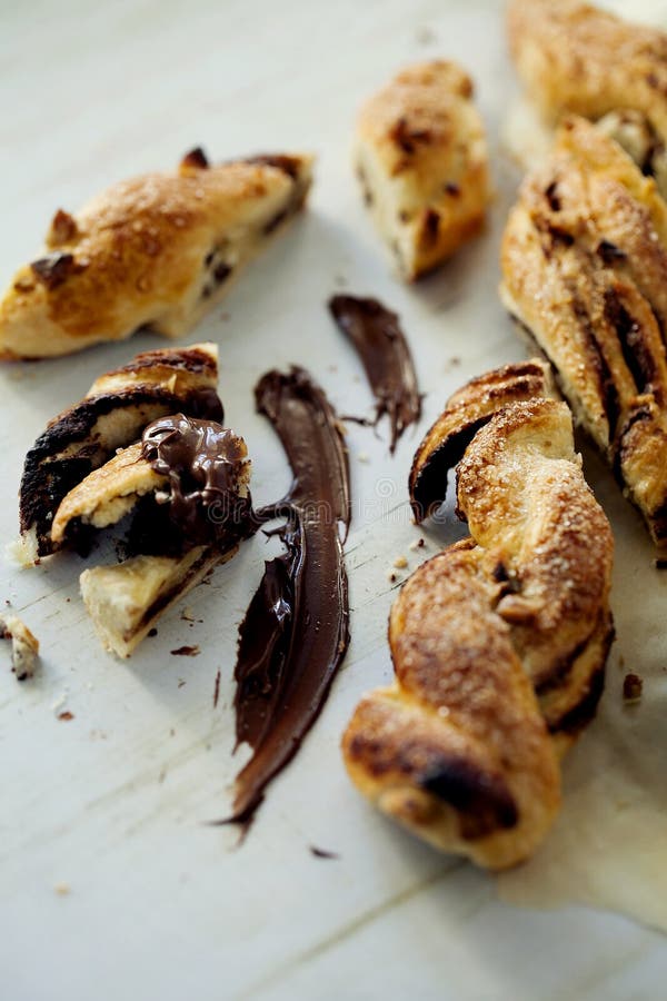 Twist of Puff Pastry with Chocolatenut Paste. Close Up. Stock Photo