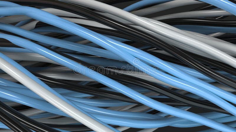 Twisted Black, White And Blue Cables And Wires On Black Surface Stock