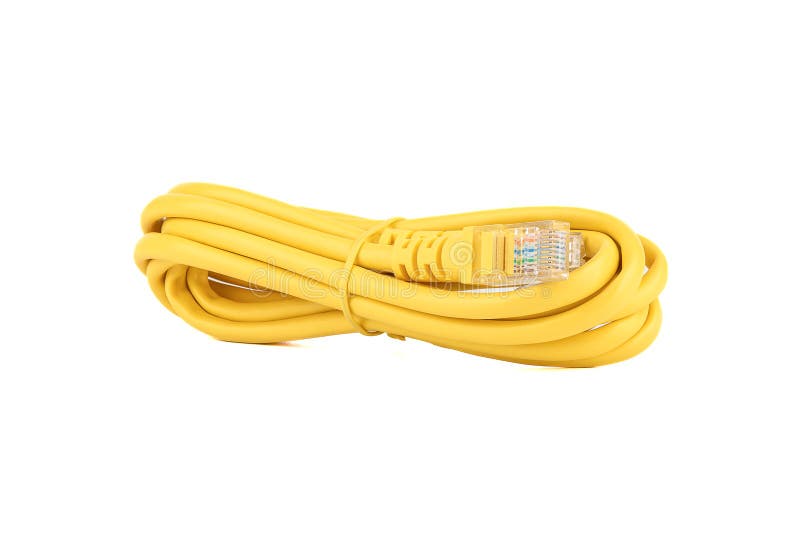 Twisted yellow cable with LAN or Ethernet connectors on a white background. Copy space.