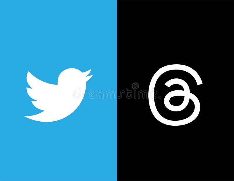 Twitter και νήματα λογοτύπου πλάι-πλάι ως γραφική απεικόνιση της αντιπαλότητας δύο κοινωνικών δικτύων. απεικόνιση αποθεμάτων