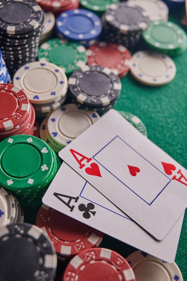 Two Aces on the Poker Table and Chips. Casino, Poker, a Pair of Aces