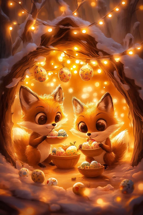Two adorable foxes delight in a bounty of pastel-colored eggs under enchanting fairy lights royalty free stock photography