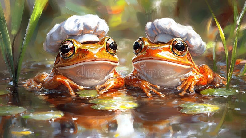 Two adorable frogs wearing chef hats, sitting in a pond vector illustration