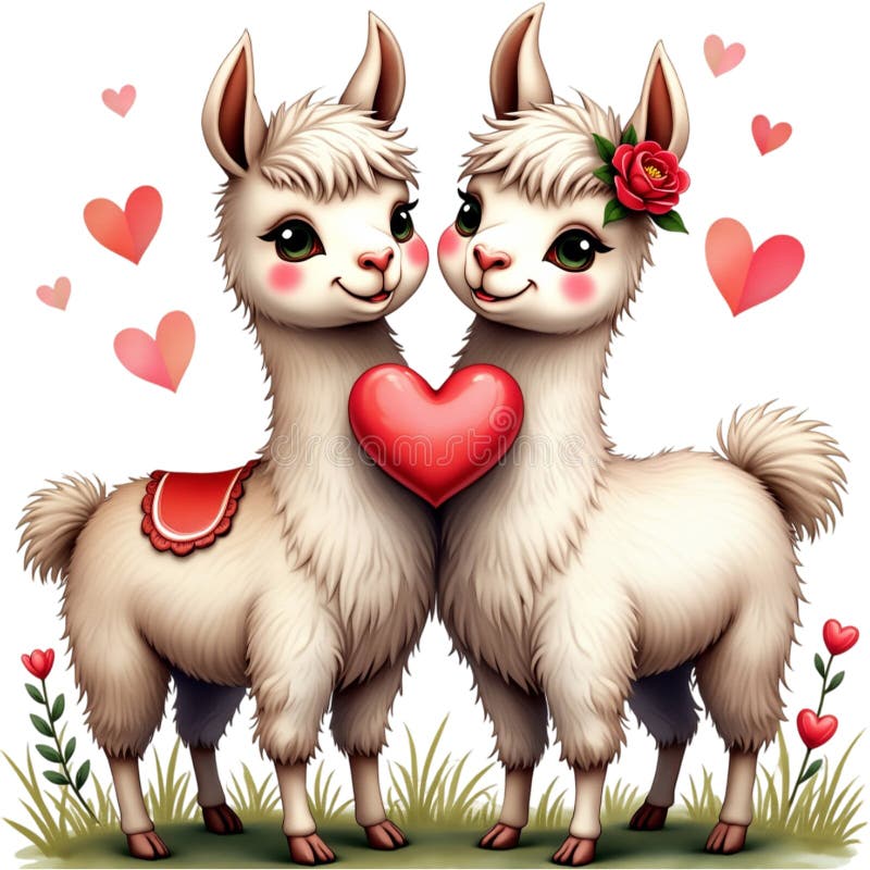 Two adorable llamas stand close together, surrounded by floating hearts stock illustration