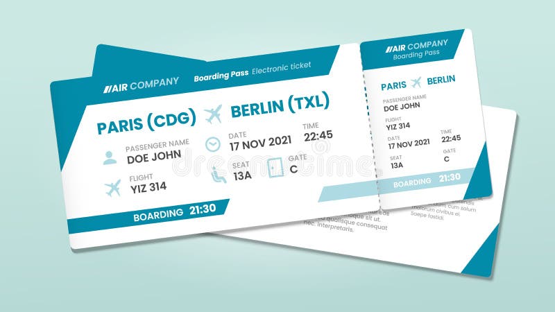 Two airline tickets. Airplane boarding ticket with passenger name, airlines flight invitation and airplanes pass. 2 traveler airport boarding tickets vector illustration. Two airline tickets. Airplane boarding ticket with passenger name, airlines flight invitation and airplanes pass. 2 traveler airport boarding tickets vector illustration