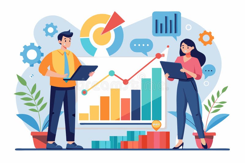 Two analysts review growth data using tablets, focusing on charts and visual trends in their workspace Two analyses are examining vector illustration