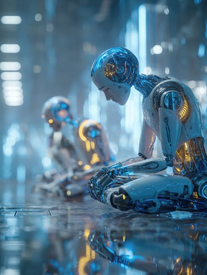 Two androids cyborgs with exposed internal wiring sitting on ground in futuristic, high-tech industrial or server setting stock photos