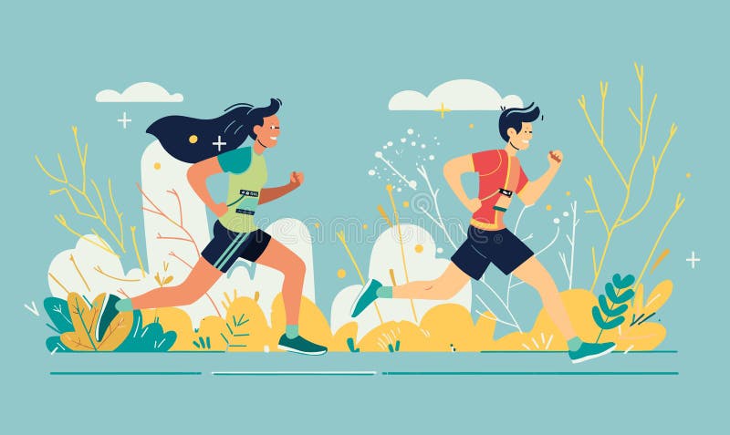 Two animated characters running outdoors, male female joggers athletic wear. Vibrant flat design royalty free illustration