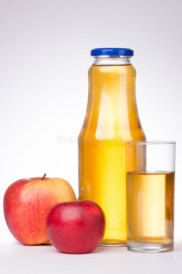 Two Apples and a Bottle of Apple Juice on White Background Stock Image