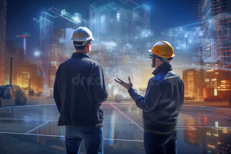 Two architects discussing virtual building blueprints in a cityscape setting with holographic projections royalty free illustration