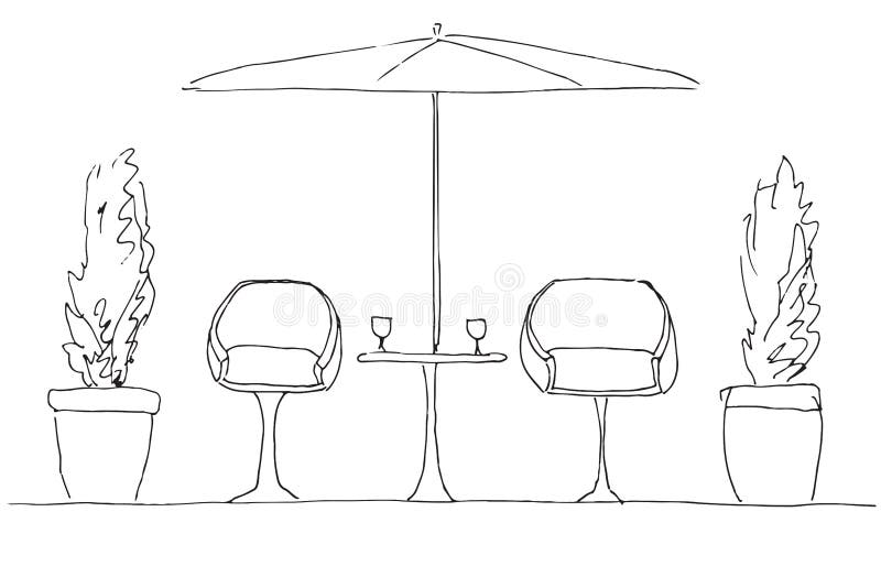 Two armchairs and a table. Large folding umbrella. Hand drawn stock illustration Two armchairs and a table. Large folding umbrella. Hand drawn stock illustration