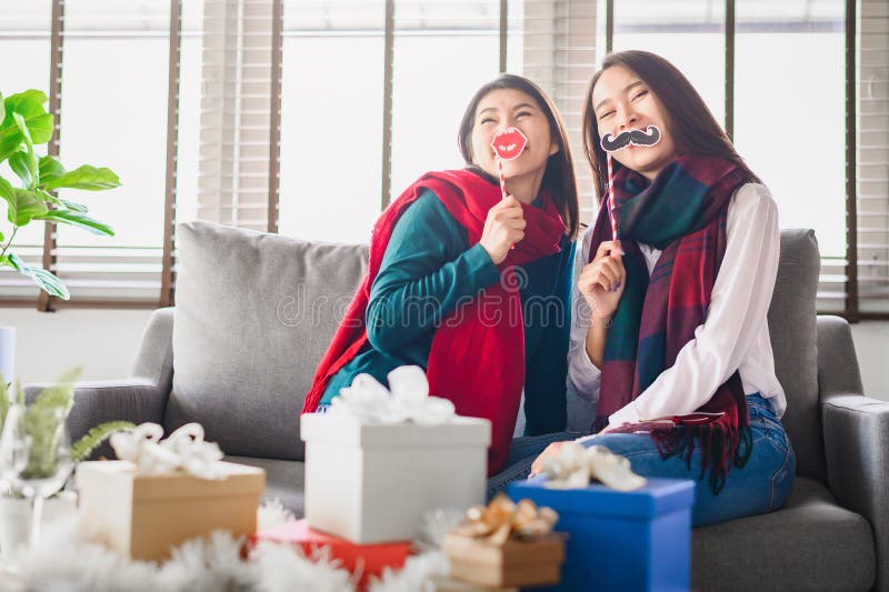 Two Asian Women Best Friends Having Fun Together During New Year Stock