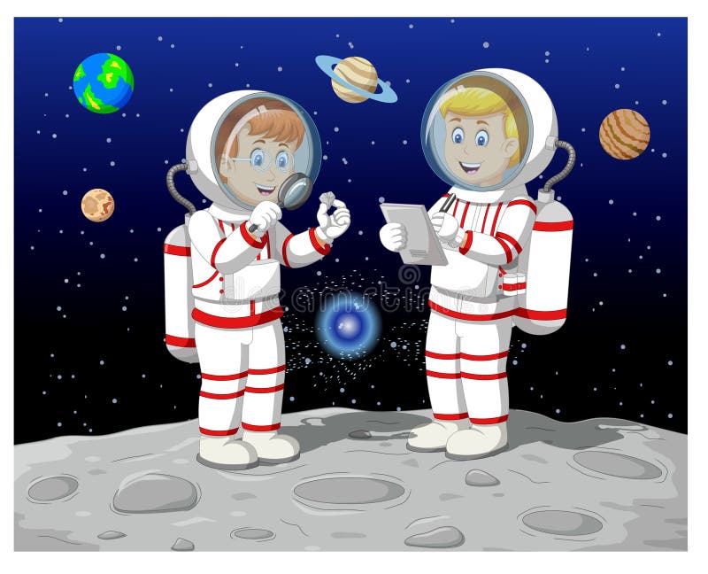 Two Astronauts Man in White Suit on Moon with Other Plantes Cartoon Stock  Illustration - Illustration of land, american: 173571239