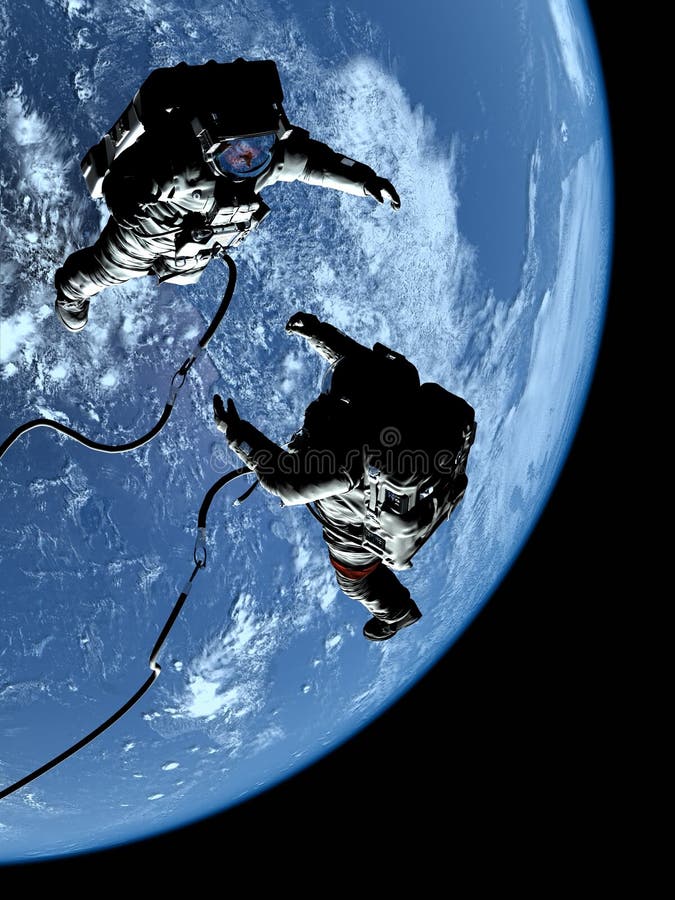 Two astronauts in space on the backdrop of the planet..Elemen ts of this image furnished by NASA
