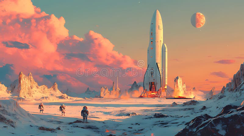 Two astronauts watch a rocket launch on a distant planet with a pink sky and a red planet in the distance stock image