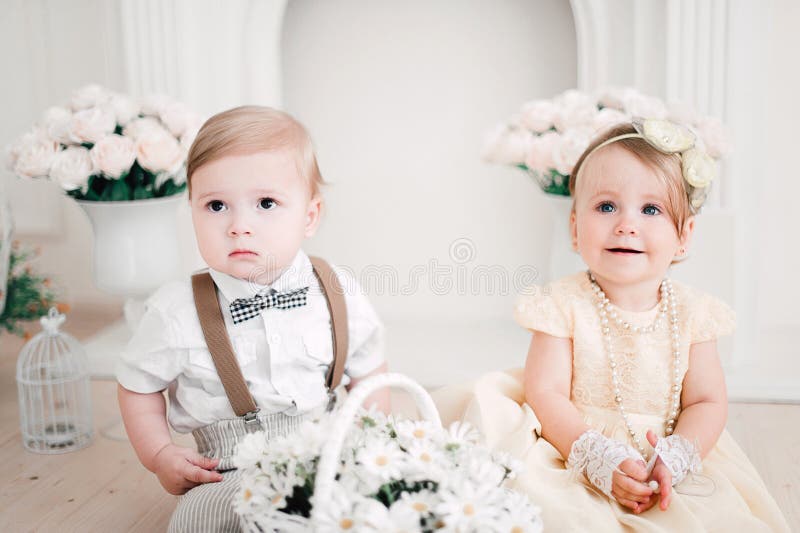 Two Babies Wedding Boy and Girl Dressed As Bride and Groom Stock Photo Image of isolated