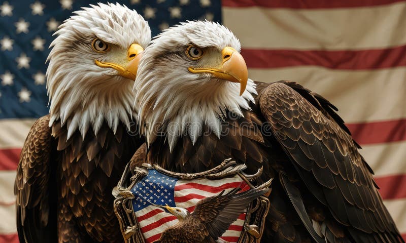 Two Bald Eagle Heads are Shown Together, One with a Shield on it, and