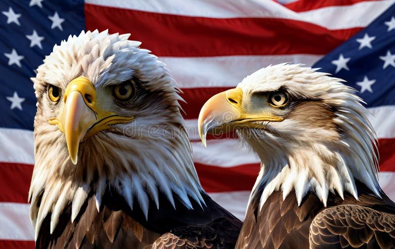 Two Bald Eagles Posed Closely Together Against a Blurred American Flag