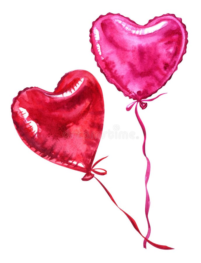 Two balloons red and pink in the shape of a heart, watercolor illustration
