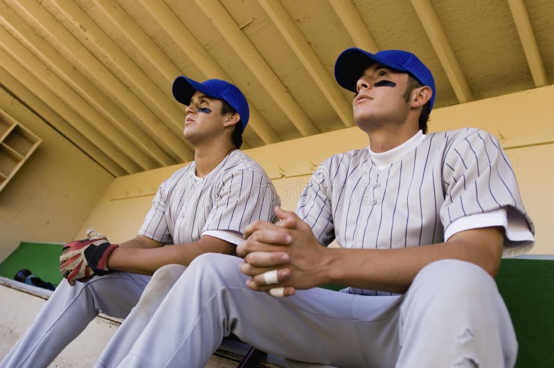 Two Baseball Teammates Sitting in Dugout Stock Image Image of view