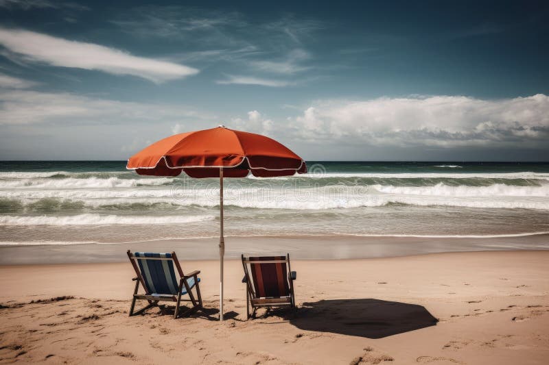 Two Beach Chairs with a Parasol Directly on the Beach Created with