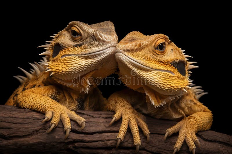 Two Bearded Dragons Kiss Closely on a Tree Branch Against a Black
