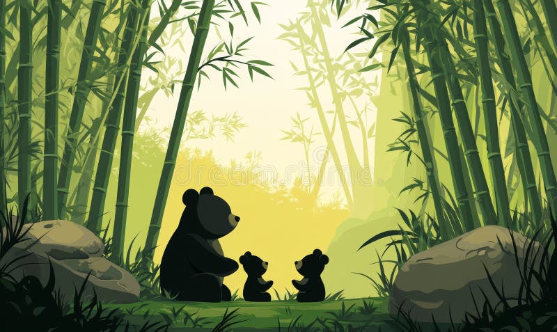 Two bears in a bamboo forest in a cartoon royalty free stock photography